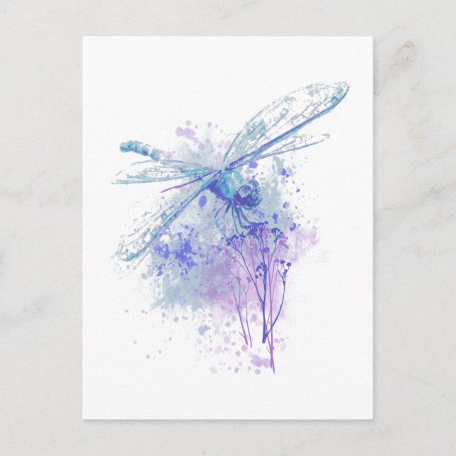 Ursprunglig vattenfärg Dragonfly i Blue Mauve Natu Vykort (Framsida)