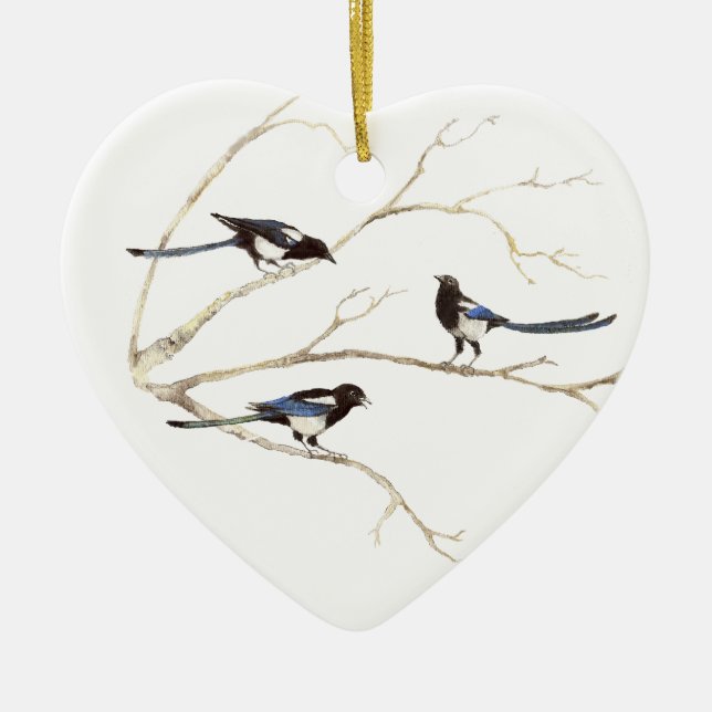 Ursprunglig vattenfärg, Magpie Family, Fåglar Julgransprydnad Keramik (Framsidan)