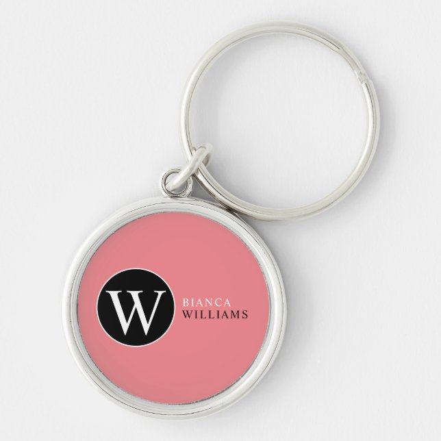 Ursprunglig W (redigerbar) Circle Monogram Rosa Rund Silverfärgad Nyckelring (Framsidan)