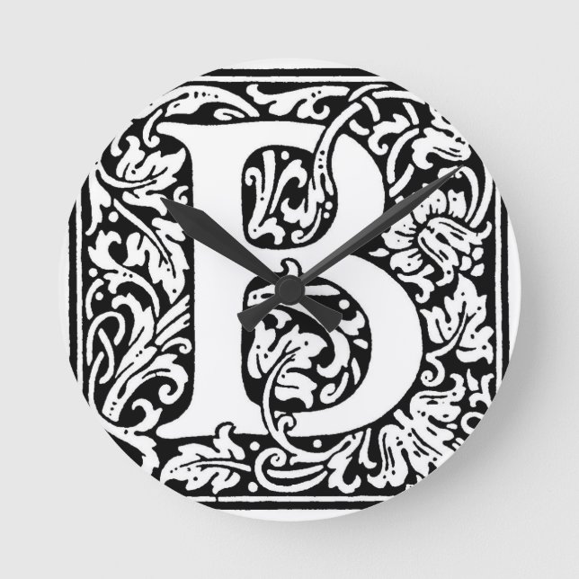 Ursprungligt B-monogram. Anpassat Namn-Blommönster Rund Klocka (Framsida)