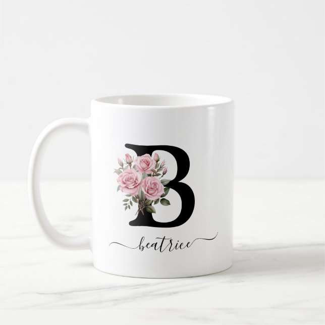Ursprungligt B Rosa ros Blommigt Flowers Monogram  Kaffemugg (Vänster)