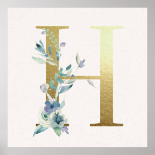 Ursprungligt H Golden and Blue Blommigt Monogram P Poster