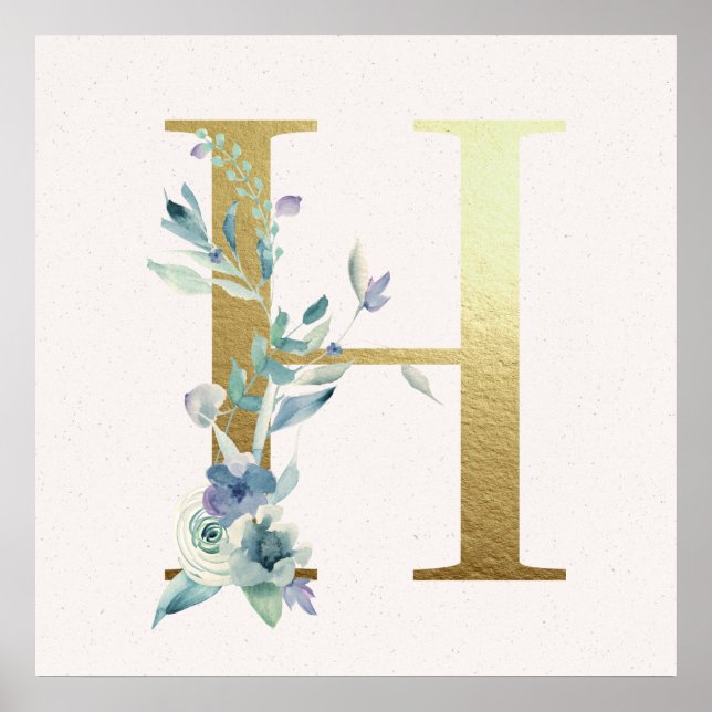 Ursprungligt H Golden and Blue Blommigt Monogram P Poster (Framsidan)