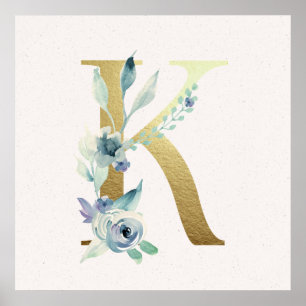 Ursprungligt K Golden and Blue Blommigt Monogram P Poster