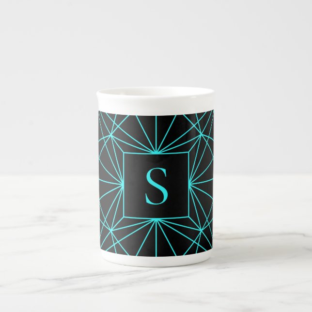 Ursprungligt monogram | Geometrisk turkos Benporslin Mugg (Framsidan)