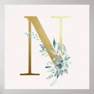 Ursprungligt N Golden and Blue Blommigt Monogram P Poster