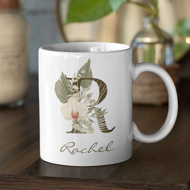 Ursprungligt R Boho Blommigt Orchid Greenery-eget  Kaffemugg (Boho Floral Orchid Greenery Mug: Personalize with Your Name and Initial)