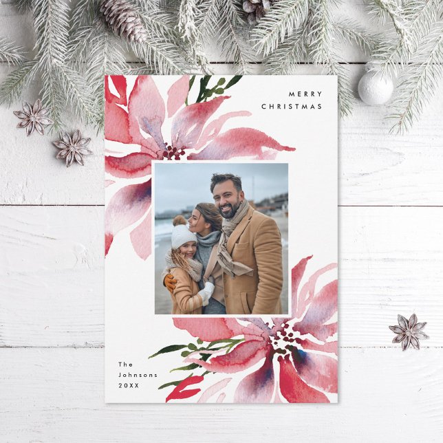Ursprungligt vattenfärgspoinsettias foto julkort (Skapare uppladdad)