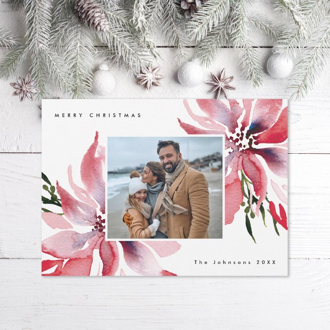 Ursprungligt vattenfärgspoinsettias foto julkort (Skapare uppladdad)