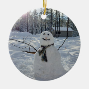 Ursprungligt vinterfoto lycklig Snögubbe Julgransprydnad Keramik