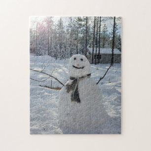 Ursprungligt vinterfoto lycklig Snögubbe Pussel