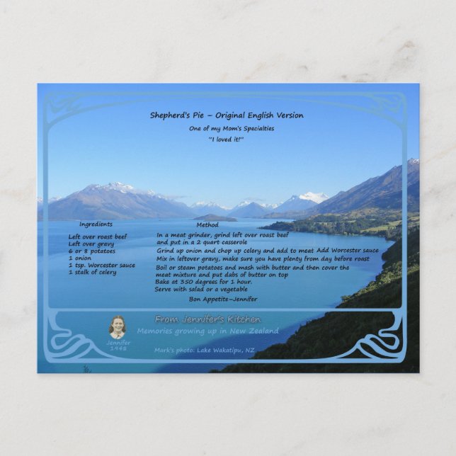 Ursprungligt vykort för recept på Paj i Shepherd (Framsida)