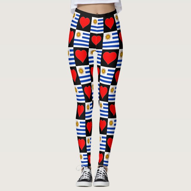 Uruguay Flagga Heart Mönster Patriotic Uruguay Leggings (Framsida)