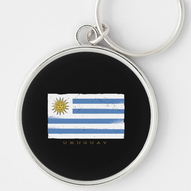 Uruguay Flagga Rund Silverfärgad Nyckelring (Framsidan)