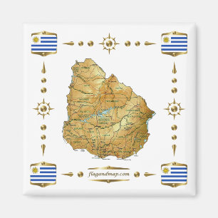 Uruguay Karta + Flaggor Magnet
