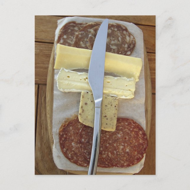 Urval av gourmetost och styckad kött vykort (Framsida)