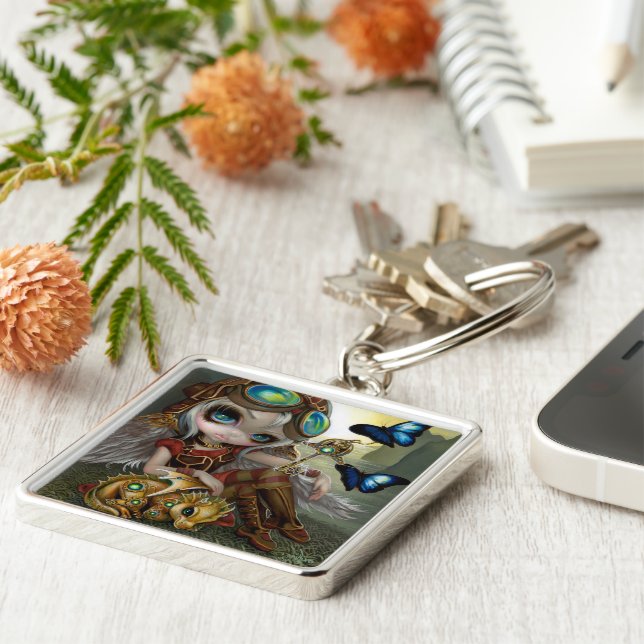 "Urverk Dragonling" Keychain Fyrkantig Silverfärgad Nyckelring (Sidan)