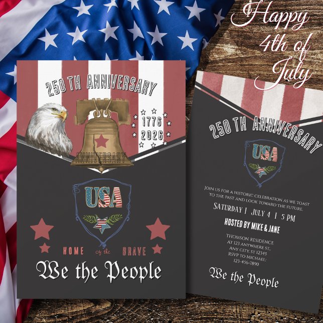 US 250 Vi Folket Handritad Örn och Klocka Inbjudningar (US 250 We the People Hand-Drawn Eagle and Bell Invitation)