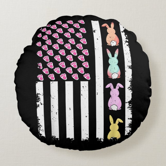 US American Flag with Bunny for Easter Day Rund Kudde (Framsidan)