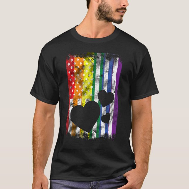 US American Flagga Hearts Lgbtq Rainbow Flagga Gay T Shirt (Framsida)