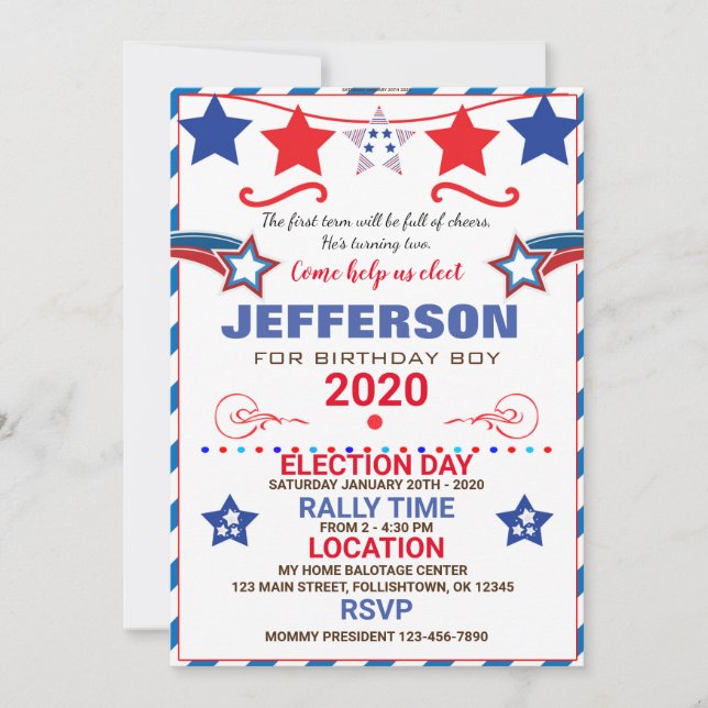 US BIRTHDAY BOY ELECTION BIRTHDAY INVITATION INBJUDNINGAR (Framsida)