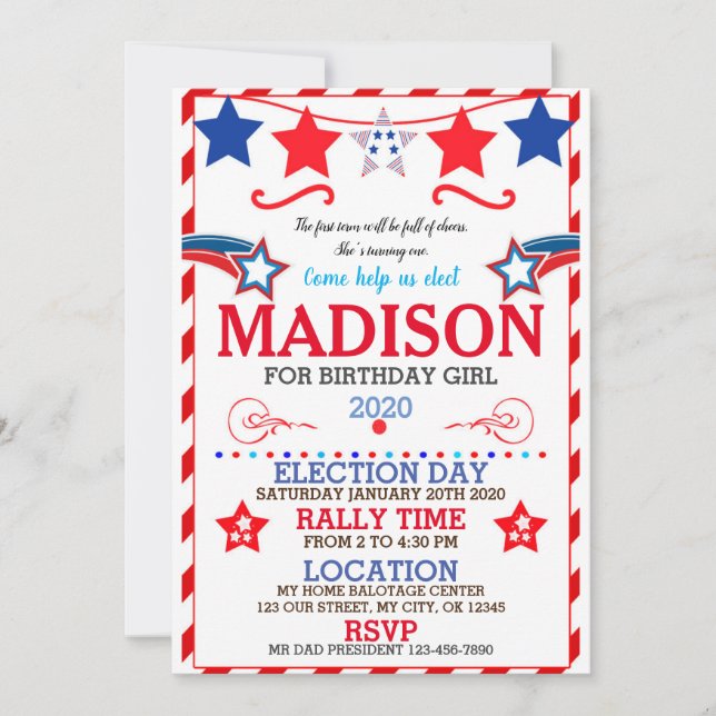 US BIRTHDAY GIRL ELECTION BIRTHDAY INVITATION INBJUDNINGAR (Framsida)