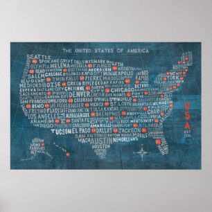 US City Karta på Wood Blue Poster