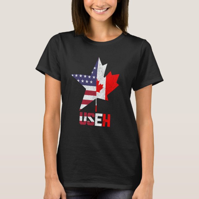 US Eh Canada Canadian American Flag Pride Patrioti T Shirt (Framsida)