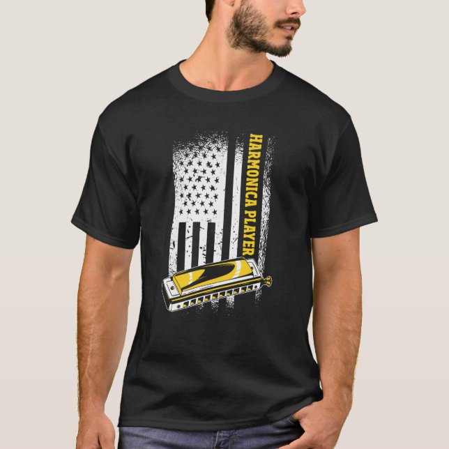US Flag Harmonica Player T Shirt (Framsida)