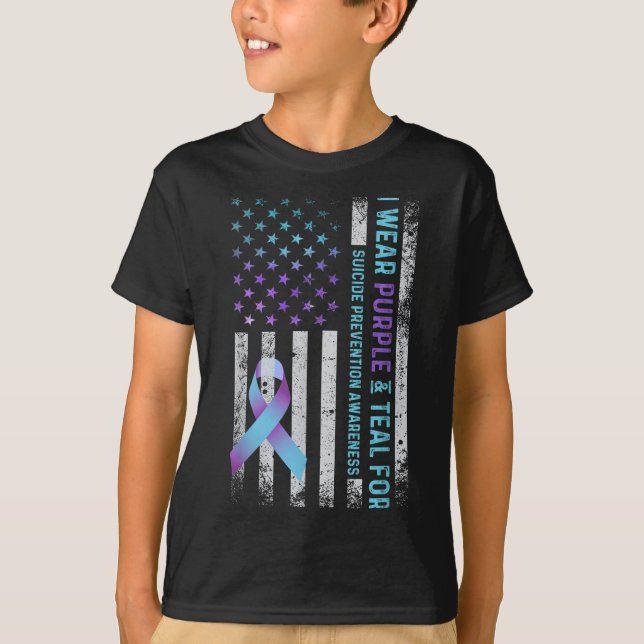 Us Flag I Wear Purple And Teal Suicide Prevention  T Shirt (Framsida)