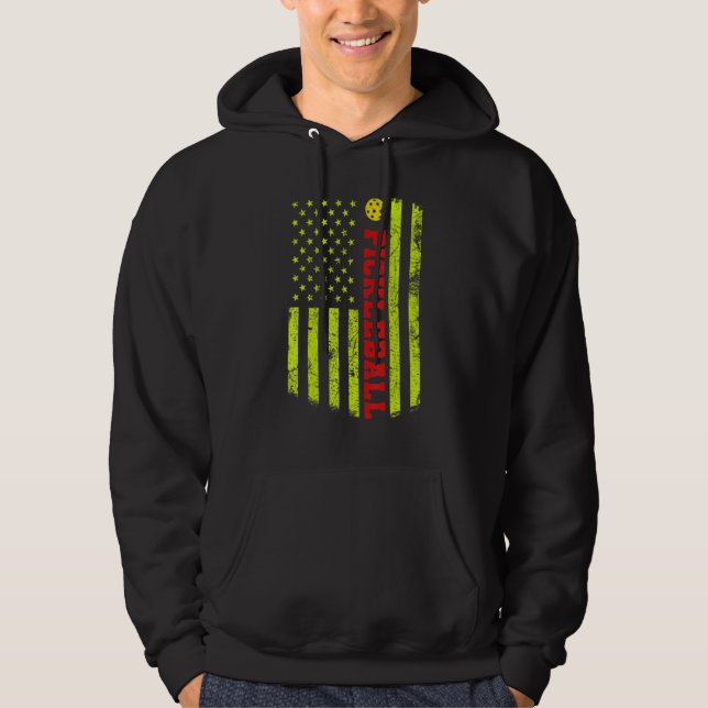 US Flag Pickleball Player Paddleball Lover Hoodie (Framsida)