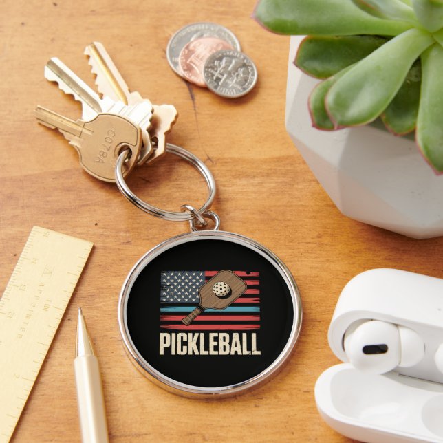 US Flag Pickleball Rund Silverfärgad Nyckelring (Skrivbord)