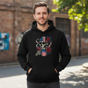 Us Flag Skull och Rosor Coffee Hoodie Design