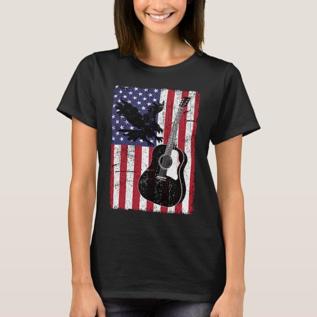 US Flagga Acoutic Guitar American Eagle Distress G T Shirt (Framsida)