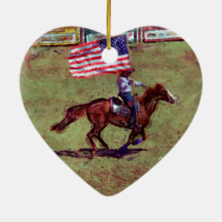 US Flagga and Horse Cowgirl American Rodeo Art Julgransprydnad Keramik