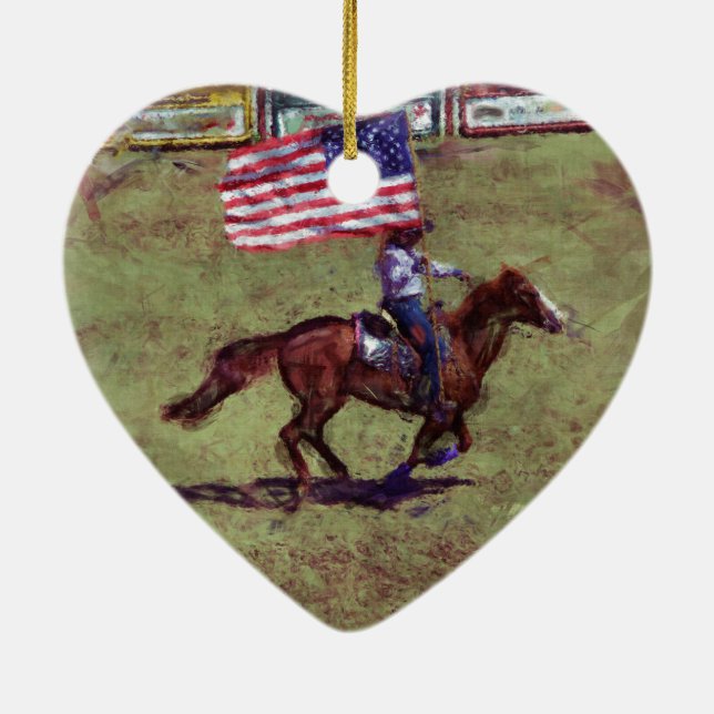 US Flagga and Horse Cowgirl American Rodeo Art Julgransprydnad Keramik (Baksidan)