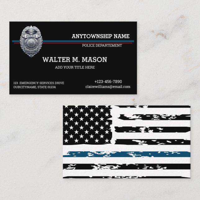 US Flagga Blue Line Polischef Silver Badge Visitkort (Fram/baksida)