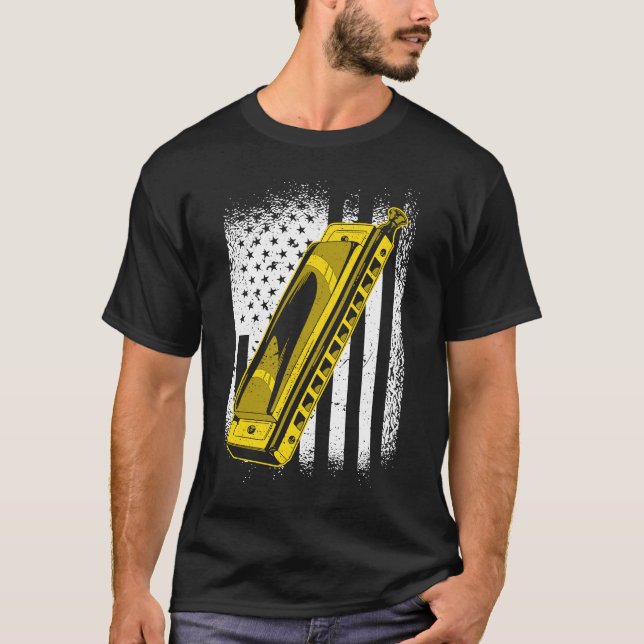 US Flagga Harmonica Harmonicist T Shirt (Framsida)