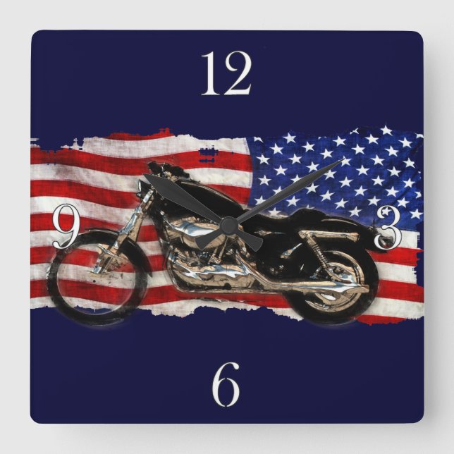 US Flagga & Motorcycle, Motorcycle, Patriotic Art Fyrkantig Klocka (Framsida)