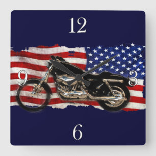 US Flagga & Motorcycle, Motorcycle, Patriotic Art Fyrkantig Klocka