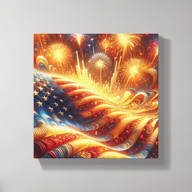 US Flagga och Fireworks den 4 juli Canvastryck (Framsida)