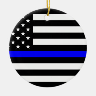 - US Flagga Police Thin Blue Line Julgransprydnad Keramik