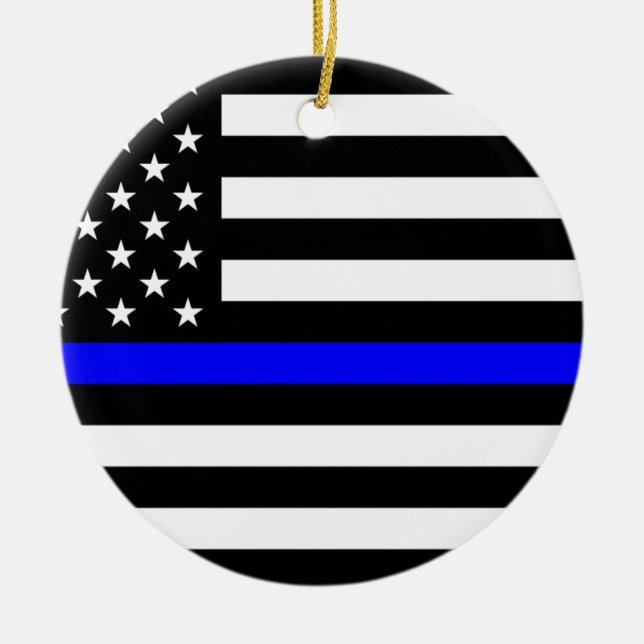 - US Flagga Police Thin Blue Line Julgransprydnad Keramik (Framsidan)