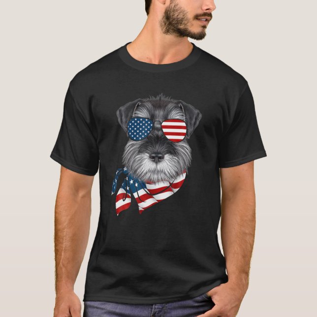 US Flagga Schnauzer Patriotic 4 juli Hund älskare T Shirt (Framsida)