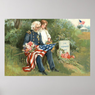 US Flagga Wandecemetery Gravsten Flowers Poster