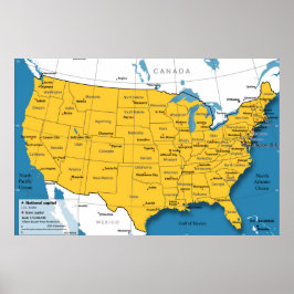 US Karta med Namn och huvudstäder Poster