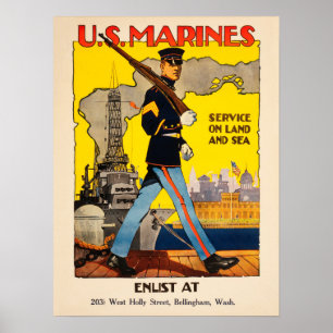 US Marines Service på land och hav, Amerikanska WW Poster