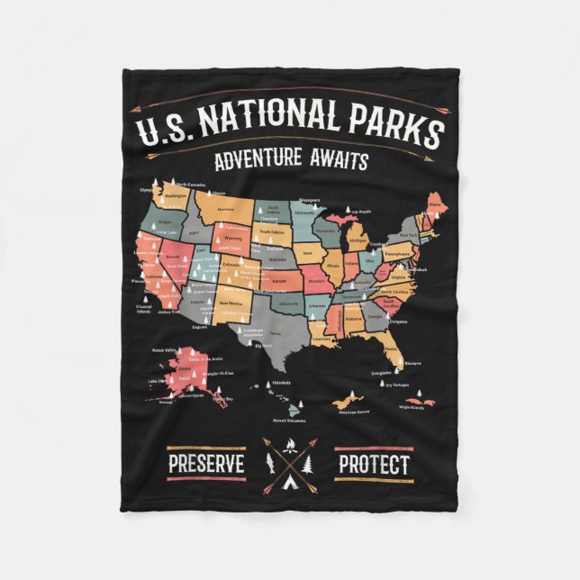 Us National Parks Map Preserve Protect Hiking Camp Fleecefilt (Framsidan)