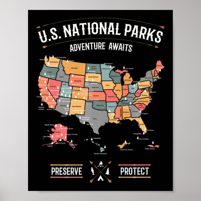 Us Nationalparker Karta Bevara Skydda Vandring Cam Poster (Framsidan)
