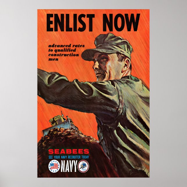 US Navy Seabees Reklamplakat Vintage Krigs Konst Poster (Framsidan)